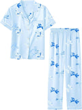 Umeyda Girls Womens Pajamas Set, Satin Silky Button Down Loungewear 2 Piece Short Sleeve Pants PJS Sets for Mommy Kids