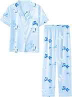 Umeyda Girls Womens Pajamas Set, Satin Silky Button Down Loungewear 2 Piece Short Sleeve Pants PJS Sets for Mommy Kids