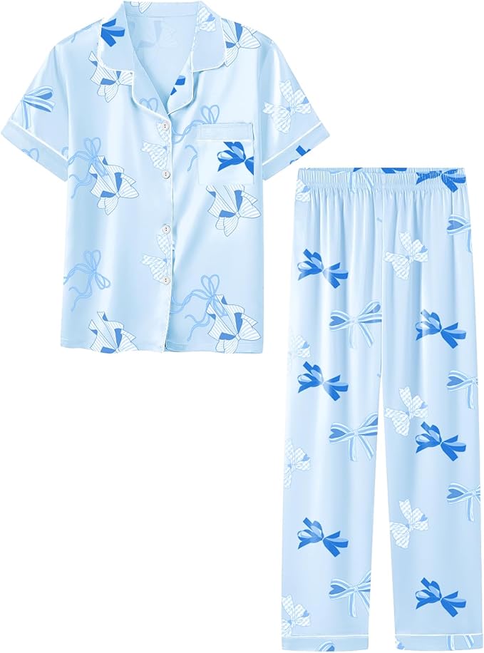 Umeyda Girls Womens Pajamas Set, Satin Silky Button Down Loungewear 2 Piece Short Sleeve Pants PJS Sets for Mommy Kids