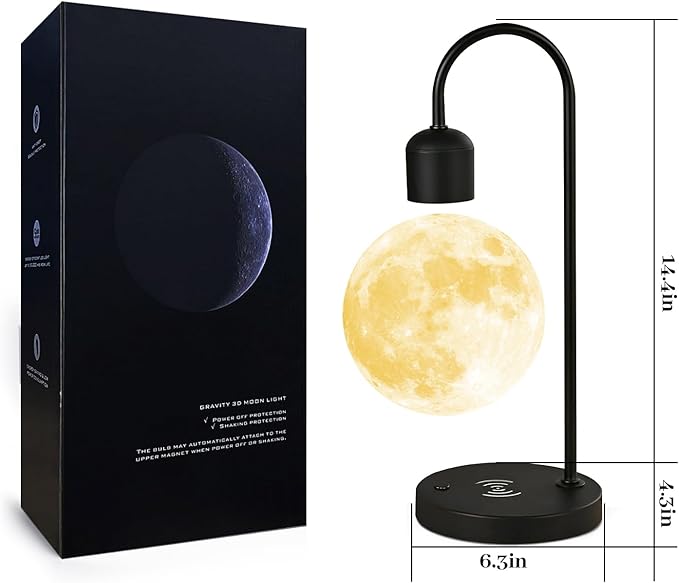 Magnetic Levitating Moon Lamp with 15W Wireless Phone Charger 3-Color LED Floating Night Light Desk Lamp for Bedroom Home Office Decor