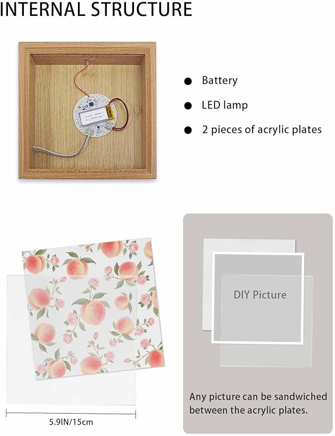 Wood Night Light Box 6.5x6.5in,Summer Fruit Pink Honey Peach Table Lights Wooden Picture Frame with USB Rechargeable Touch LED Lights for Home Decor Desktop Display,Watercolor Plants