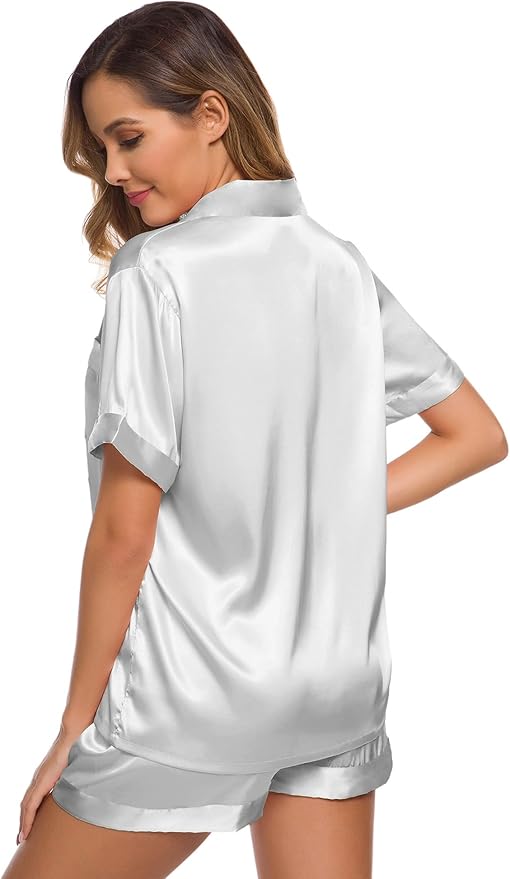 SWOMOG Womens Silk Satin Pajamas Set Short Sleeve Sleepwear Button Down Top and Shorts Loungewear 2 Piece Pjs Set XS-3XL