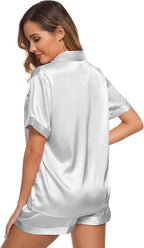 SWOMOG Womens Silk Satin Pajamas Set Short Sleeve Sleepwear Button Down Top and Shorts Loungewear 2 Piece Pjs Set XS-3XL