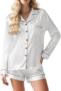 Ekouaer Satin Pajama Set for Women Button Down Pj Set Long Sleeve Top and Shorts 2 Piece Loungewear Summer Soft Sleepwear