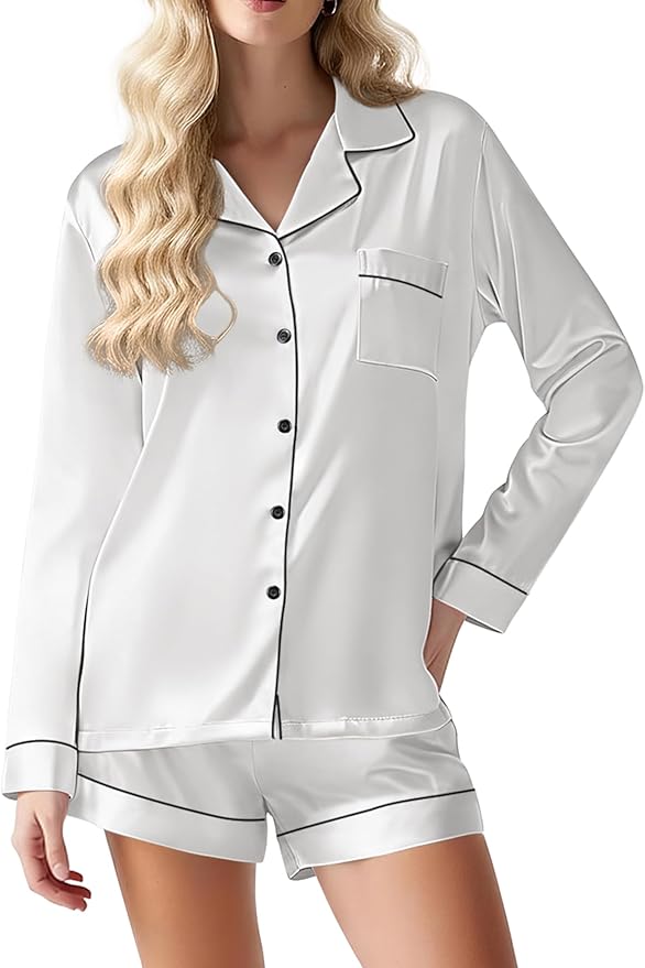 Ekouaer Satin Pajama Set for Women Button Down Pj Set Long Sleeve Top and Shorts 2 Piece Loungewear Summer Soft Sleepwear