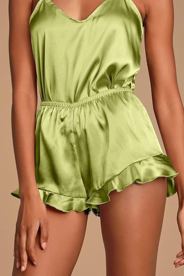 CHYRII Women's Sexy Silk Satin Ruffled Pajamas Sets Cami Shorts Sets Sleepwear