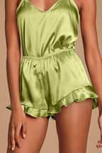 CHYRII Women's Sexy Silk Satin Ruffled Pajamas Sets Cami Shorts Sets Sleepwear