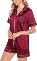 SWOMOG Satin Matching Pajamas Sets Couple Silk Button Down Nightwear Women & Men Short Sleeve Sleepwear 2 Pieces Loungewear