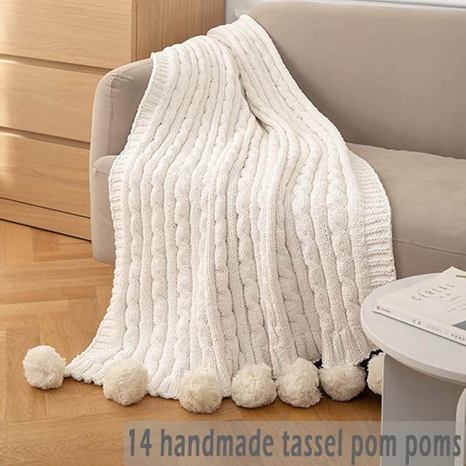 ATMOSURELY Ultra Soft Beige Chenille Cable Knit Throw Blanket with Handmade Pom Poms Cozy Fluffy Knitted Blanket Lightweight Warm Woven Farmhouse Blanket for Bed Sofa Couch 50x60 Inches (Beige)