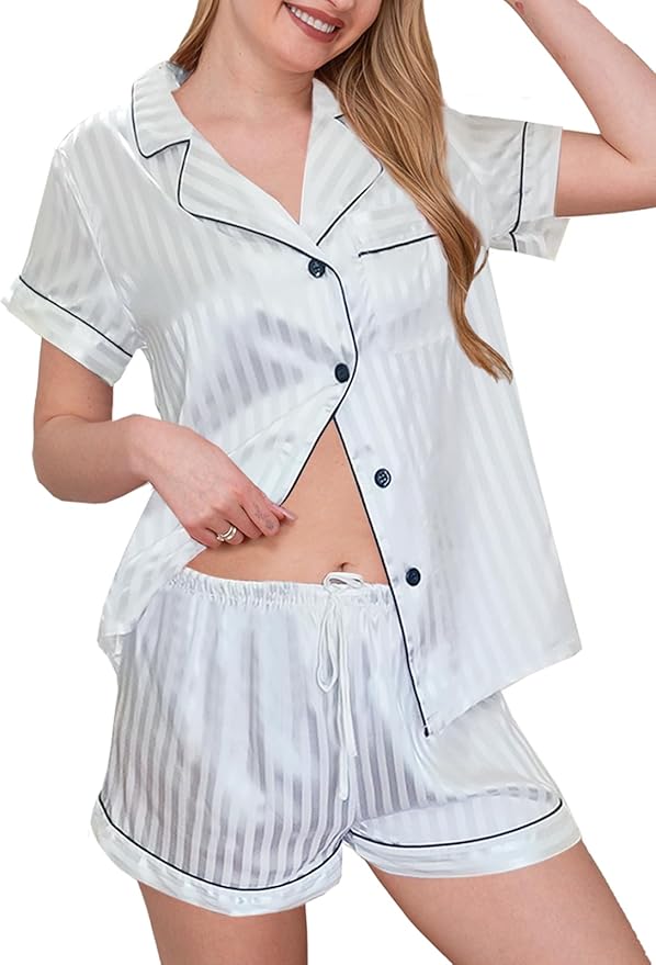 WJing Yi Jia Womens Silk Satin Pajamas Loungewear Two-Piece Sleepwear Button-Down Floral Pj Set XS-4XL
