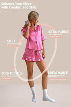 CHYRII Women's Silk Satin Pajamas Two Piece Pj Sets Short Sleeve Tops Ruffled Shorts Sleepwear with Magnetic Diffuser