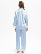 MORFORU Satin Pajama Set for Women Feather Trim Long Sleeve Pjs with Sleep Mask Headband Scrunchie Sleepwear Lounge Set