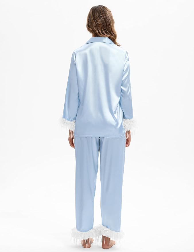 MORFORU Satin Pajama Set for Women Feather Trim Long Sleeve Pjs with Sleep Mask Headband Scrunchie Sleepwear Lounge Set
