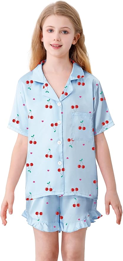 Umeyda Girls & Women Satin Pajamas Set Button Down 2 Piece Silk Pjs Shorts Set Ruffle Sleepwear, 5 Years-Women L