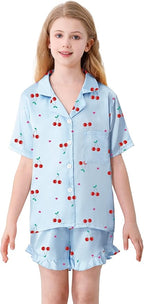 Umeyda Girls & Women Satin Pajamas Set Button Down 2 Piece Silk Pjs Shorts Set Ruffle Sleepwear, 5 Years-Women L