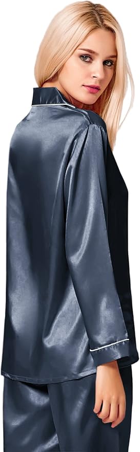 SWOMOG Womens Silk Satin Pajamas Set Long Sleeve Button Down Sleepwear 2 Piece Lounge Set Pj Set XS-3XL