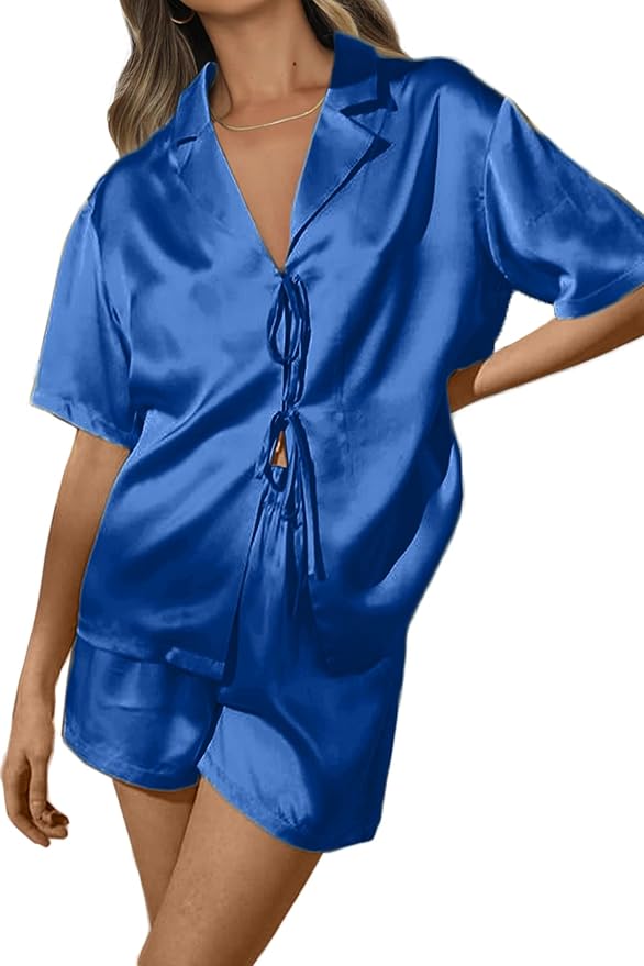 CHYRII Women's Silk Satin Pajamas Sets Tie Front Short Sleeve Tops and Shorts Two Piece Pj Sets Sleepwear