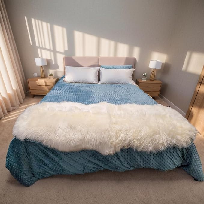 Genuine Sheepskin Rug with Little Patches | Premium Ivory White Fluffy Sheep Skin Carpet for Bedroom Fireplace | Soft Wool Throw Blanket for Elder, Pet | Luxurious Fur Rug for Chair, Sofa, 2FT×6FT