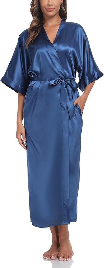Women's Silk Robes Soft Long Satin Kimono Bathrobe Bride Bridesmaid Wedding Party Robes Sexy Sleepwear with Pockets