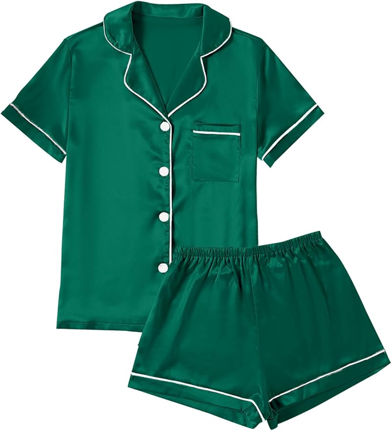 LYANER Women's Silky Satin Pajamas Set Short Sleeve Button Down Shirt With Shorts Pjs Set Sleepwear