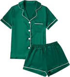 LYANER Women's Silky Satin Pajamas Set Short Sleeve Button Down Shirt With Shorts Pjs Set Sleepwear