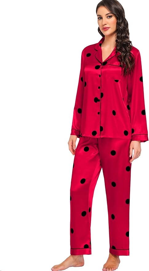 SWOMOG Womens Silk Satin Pajamas Set Long Sleeve Button Down Sleepwear 2 Piece Lounge Set Pj Set XS-3XL