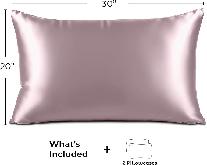 Pure Bedding Satin Pillowcase 2 Pack - Queen Size (20"x30", Champagne Pink) - Silky Pillow Cases for Hair and Skin - Satin Pillow Covers with Envelope Closure - Extra Soft Premium Microfiber