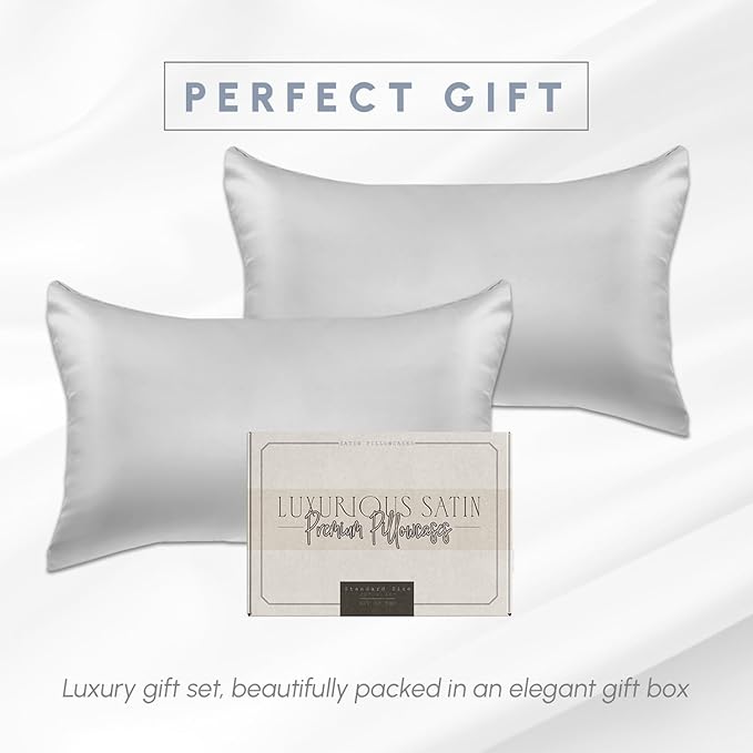 Elegant Comfort 2-PACK Cooling Viscose Satin Pillowcase Set with Hidden Zipper closure, Silky Smooth for Hair and Skin Care-Beautiful Gift Box-2-Piece Satin Pillowcase Set, Standard/Queen, Silver Gray