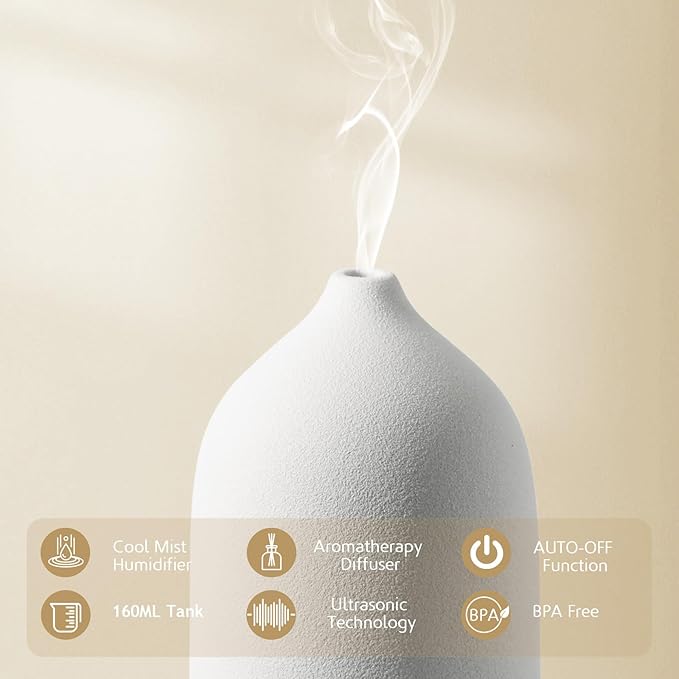 Diffuserlove Ceramic Diffuser 160ML Essential Oil Diffusers Aromatherapy Essential Oil Diffuser for Room Air Diffuser for Home Bedroom Stone Diffuser Black Wood Pattern Base (Size:6.8" H x 3.6" W)