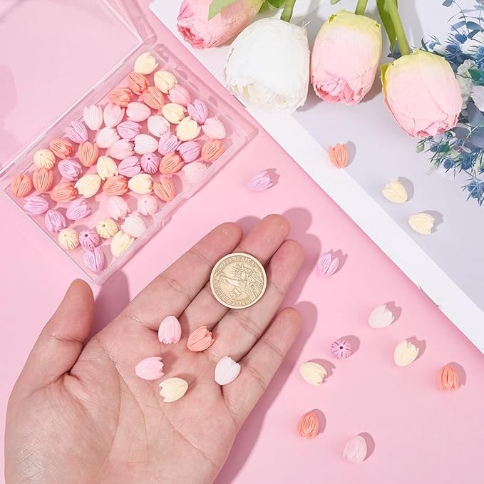 1 Box 4 Colors 80Pcs 13mm Large Acrylic Flower Beads Jasmine Flower Beads Pink Dyed Synthetic 3D Carved Coral Shell Loose Spacers for Jewelry Making Bracelet Necklace Earring Charms Decor