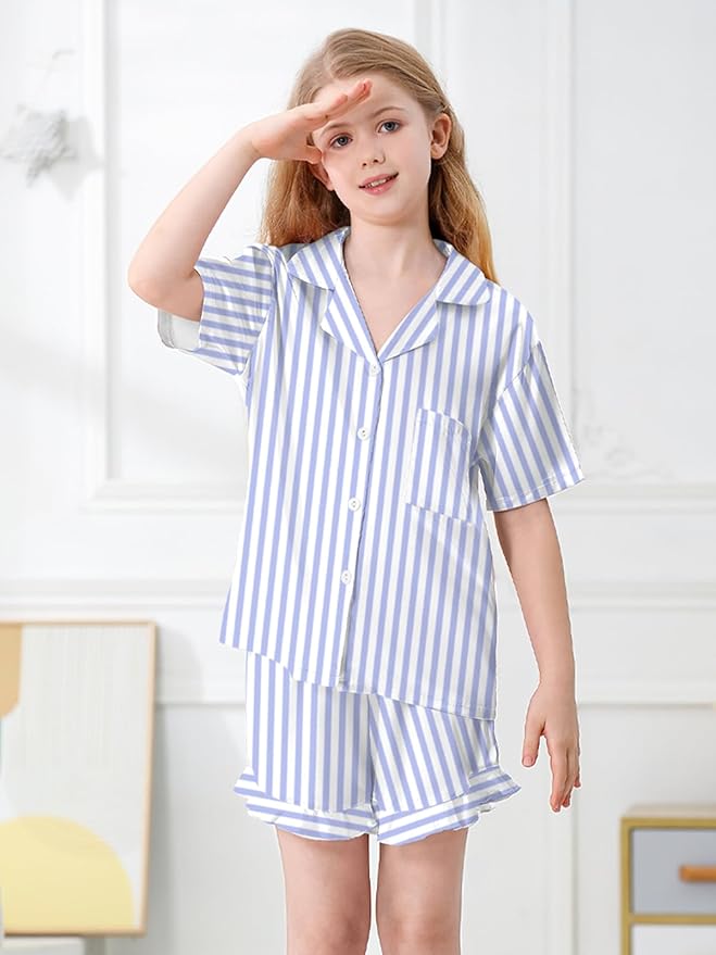 Umeyda Girls & Women Satin Pajamas Set Button Down 2 Piece Silk Pjs Shorts Set Ruffle Sleepwear, 5 Years-Women L