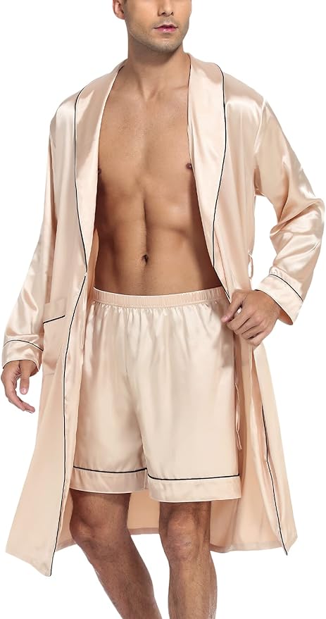 SWOMOG Men's Satin Robe Silky Kimono Bathrobe with Shorts Set Lightweight Soft Loungewear Nightwear