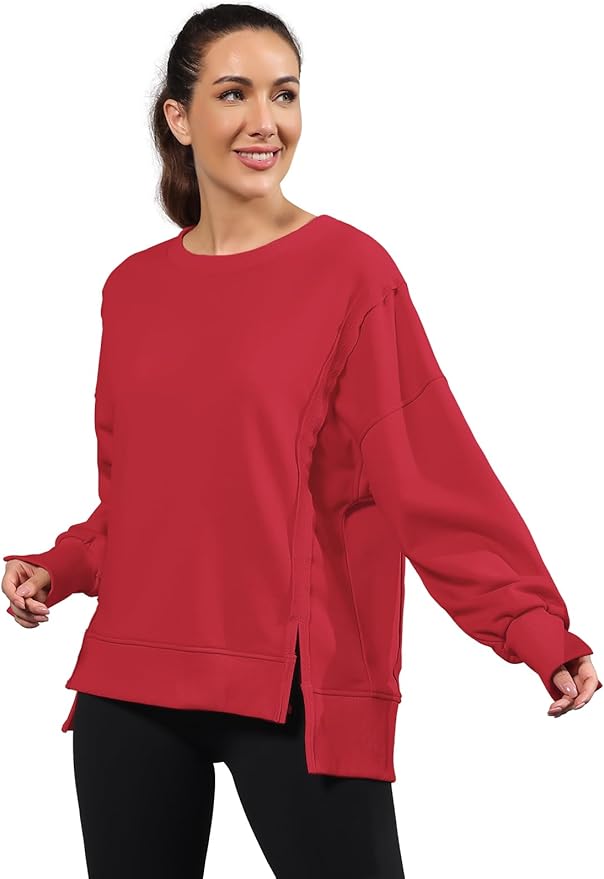 Nirovien Womens Oversized Crewneck Sweatshirt Side Slit Long Sleeve Pullover Slouchy Fit Tops