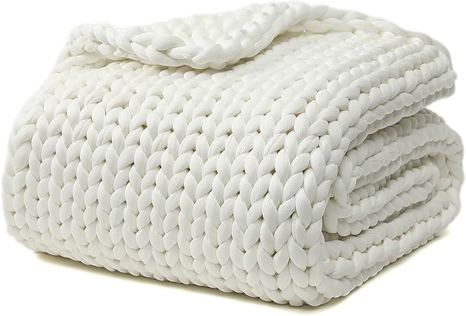 YnM Cooling Weighted Blanket, Handmade Chunky Yarn Knitted Design, Temperature Regulating and Breathable, Machine Washable Throw for Sleep or Home Decor (White, 60x80 Inch, 20lbs)
