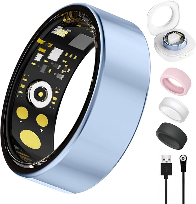 Smart Ring for Women Men, Health Tracker with Heart Rate/Blood Oxygen/Blood Pressure/Sleep Monitoring/Step Counting, IP68 Waterproof Fitness Ring, No App Fees for iPhone & Android (Blue, 6#)