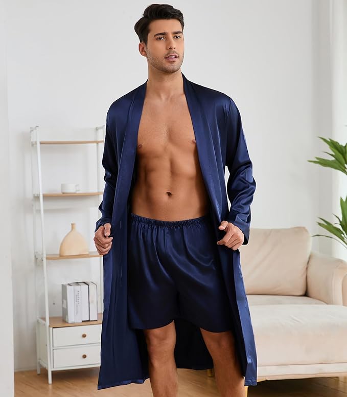 ZUEVI Men's Kimono Robe Set Silk Satin Long Sleeve Bathrobe with Shorts 2 PCS Sleepwear Pjs Sets
