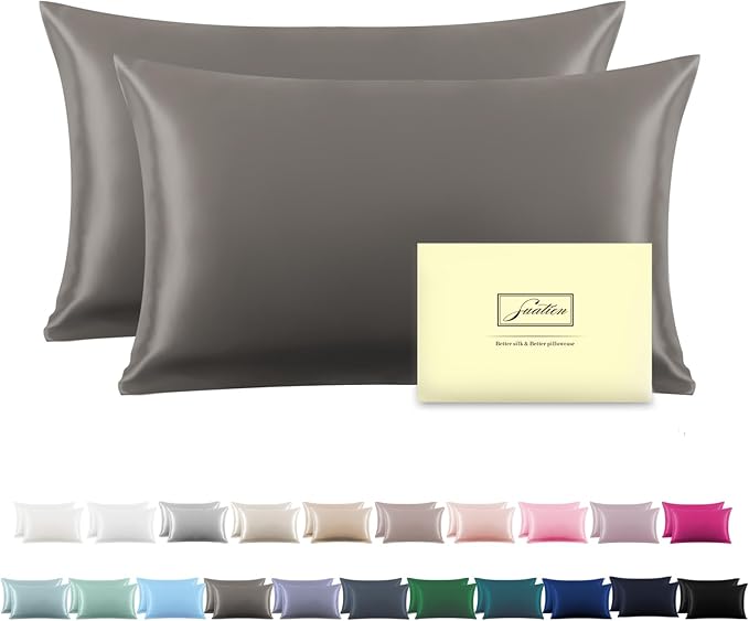 Silk Pillow Cases 2 Pack,Soft Breathable and Sliky Queen Size Pillow Cases Set of 2,Natural Mulberry Silk Pillowcase Set of 2 for Hair and Skin with Hidden Zipper (Gray,20"X 30",2pcs)