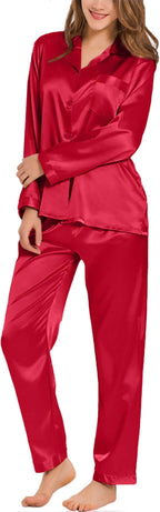 SWOMOG Long Sleeve Pajamas Set Silk Satin Sleepwear Button Down Pjs Loungewear with Pocket
