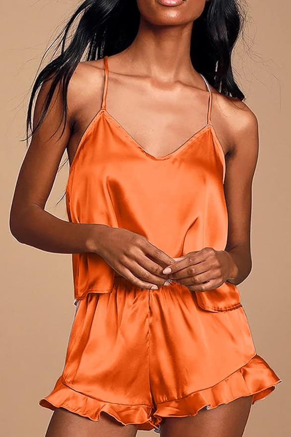 CHYRII Women's Sexy Silk Satin Ruffled Pajamas Sets Cami Shorts Sets Sleepwear