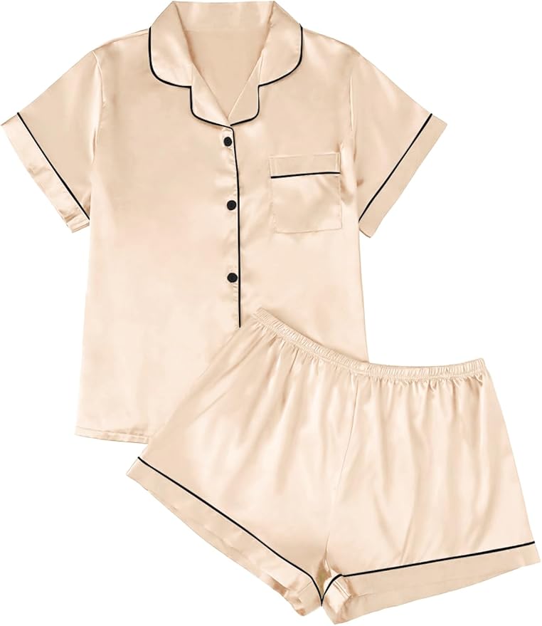LILLUSORY Silk Satin Pajama Set for Women 2 Piece Lounge Pjs Winter Matching Summer Sleepwear Button Down Shirt Shorts