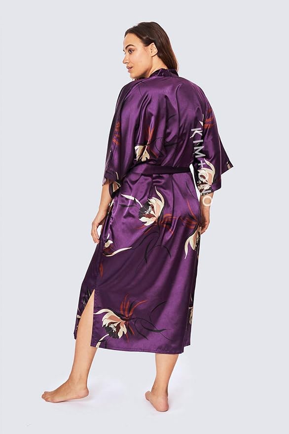 KIM+ONO Plus Size Luxury Kimono Robe for Women | Long Satin Floral Robe | Original Design | Removable Waist Tie Closure