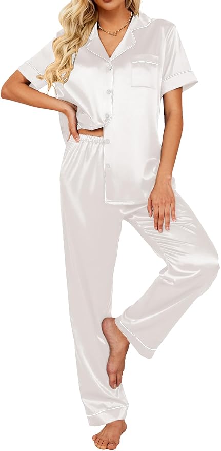 Ekouaer Silk Satin Pajamas Set Women Short Sleeve Sleepwear Soft Button Down Loungewear Pjs Set