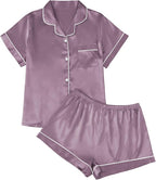 LILLUSORY Silk Satin Pajama Set for Women 2 Piece Lounge Pjs Winter Matching Summer Sleepwear Button Down Shirt Shorts