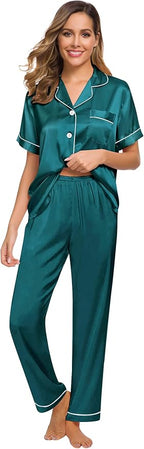 SWOMOG Women Satin Pajamas Set Short Sleeve Top & Pants Sleepwear Silky Button Down Nightwear 2pcs Loungewear Pjs Set