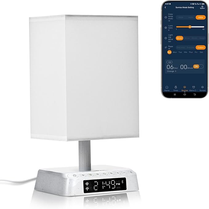 Sunrise Alarm Clock Wake Up Light - 3 Color LED with Sound & Light Awakening, Bioclock Adjustment & APP Control, Square Linen Shade for Bedroom Bedside
