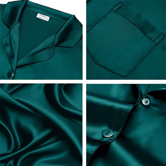 SWOMOG Long Sleeve Pajamas Set Silk Satin Sleepwear Button Down Pjs Loungewear with Pocket