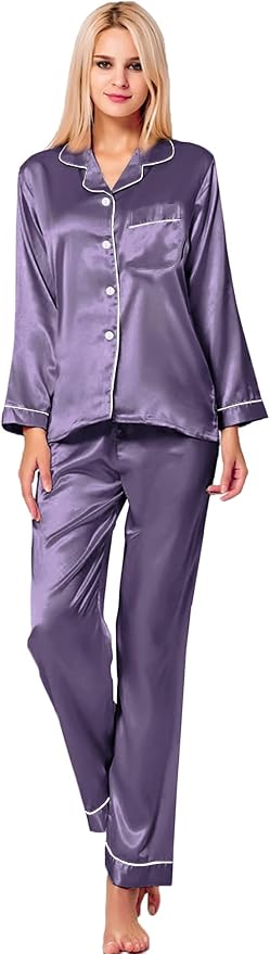 SWOMOG Womens Silk Satin Pajamas Set Long Sleeve Button Down Sleepwear 2 Piece Lounge Set Pj Set XS-3XL