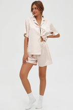 CHYRII Women's Silk Satin Pajamas Sets Tie Front Short Sleeve Tops and Shorts Two Piece Pj Sets Sleepwear
