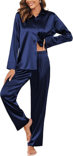 Ekouaer Women Satin Silk Pajamas Classic Long Sleeve Button Down Pjs Set Soft Loungewear