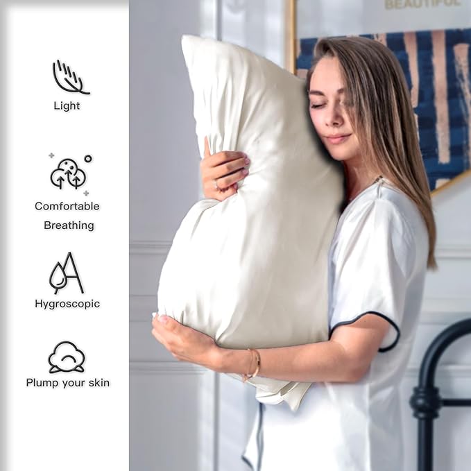 Silk Pillow Cases 2 Pack,Soft Breathable and Sliky Standard Size Pillow Cases Set of 2,Natural Mulberry Silk Pillowcase Set of 2 for Hair and Skin with Hidden Zipper (Beige,20"X 26",2pcs)